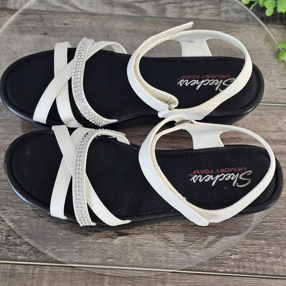 Skechers Concords Wedge Sandals Memory Foam White Embellished‎ Straps Size 8